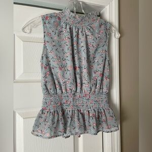 Japna Floral Sleeveless Peplum Blouse Blue Pink Smocked Waist | Women’s S